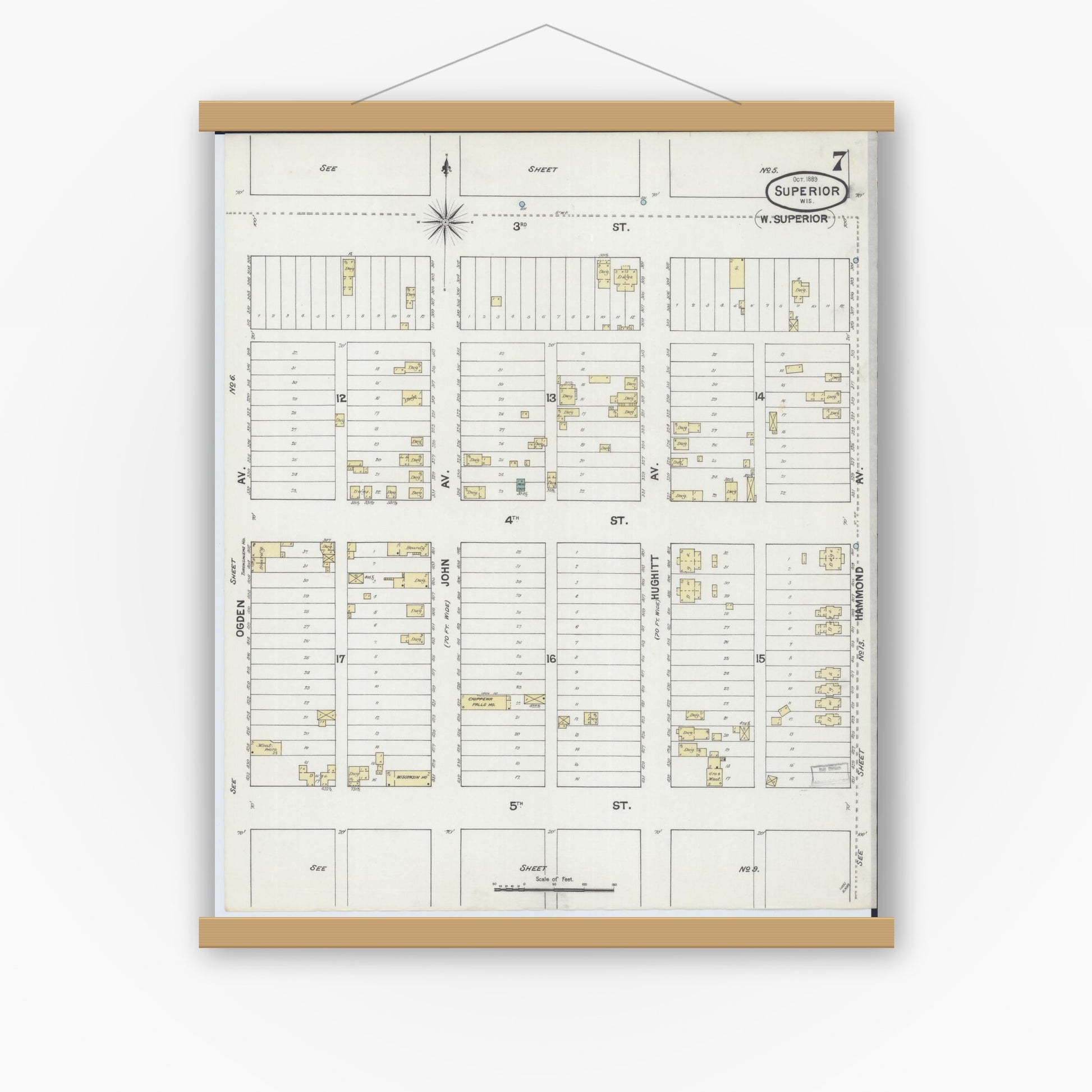 Old map wall art mockup — magnetic wood frame on white wall — Sanborn Fire Insurance Map from Superior, Douglas County, Wisconsin (1889), Sheet #0007
