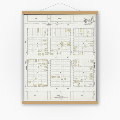 Old map wall art mockup — magnetic wood frame on white wall — Sanborn Fire Insurance Map from Superior, Douglas County, Wisconsin (1889), Sheet #0007