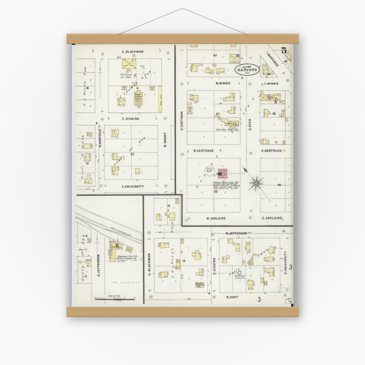 Old map wall art mockup — magnetic wood frame on white wall — Sanborn Fire Insurance Map from Harvard, McHenry County, Illinois (1897), Sheet #0005