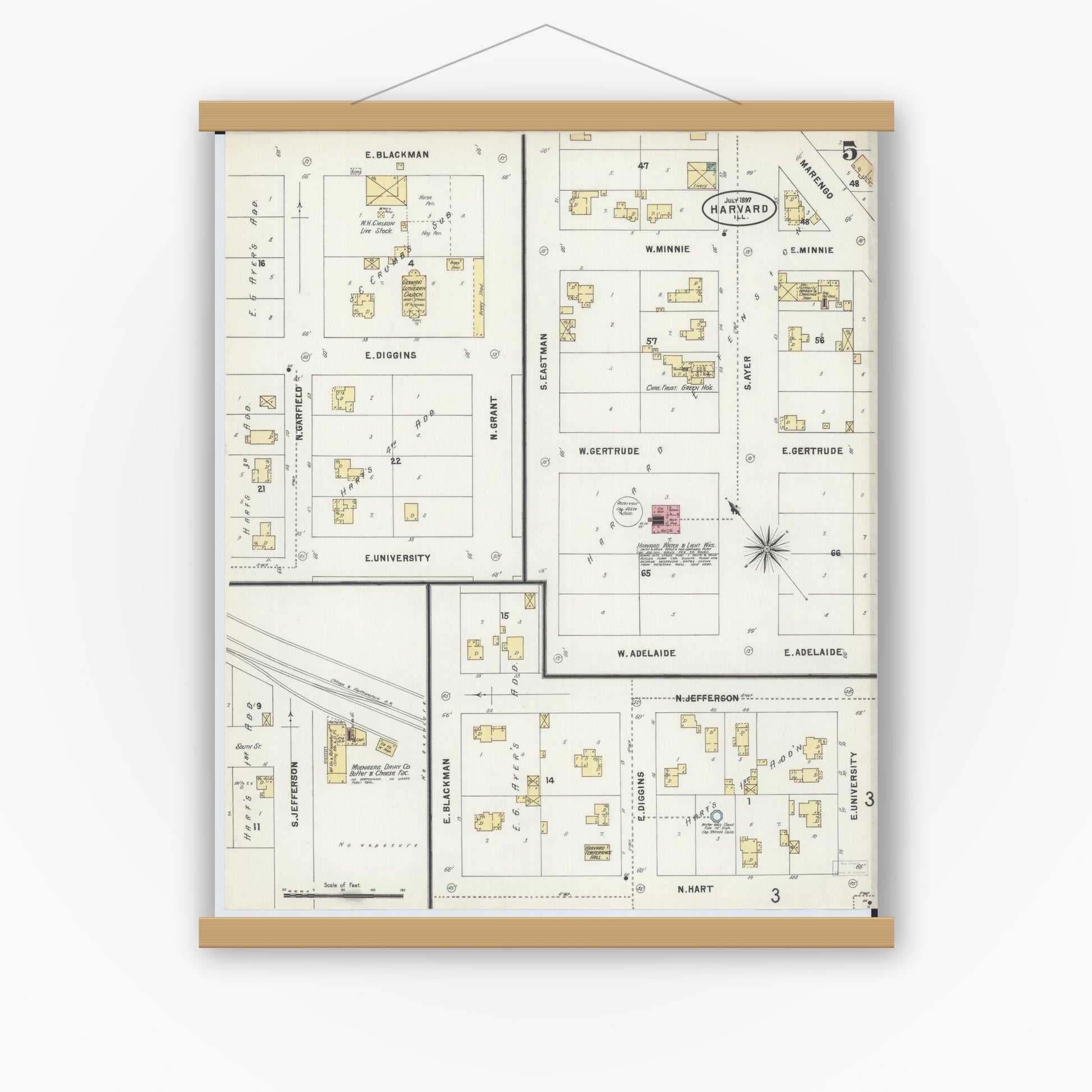 Old map wall art mockup — magnetic wood frame on white wall — Sanborn Fire Insurance Map from Harvard, McHenry County, Illinois (1897), Sheet #0005
