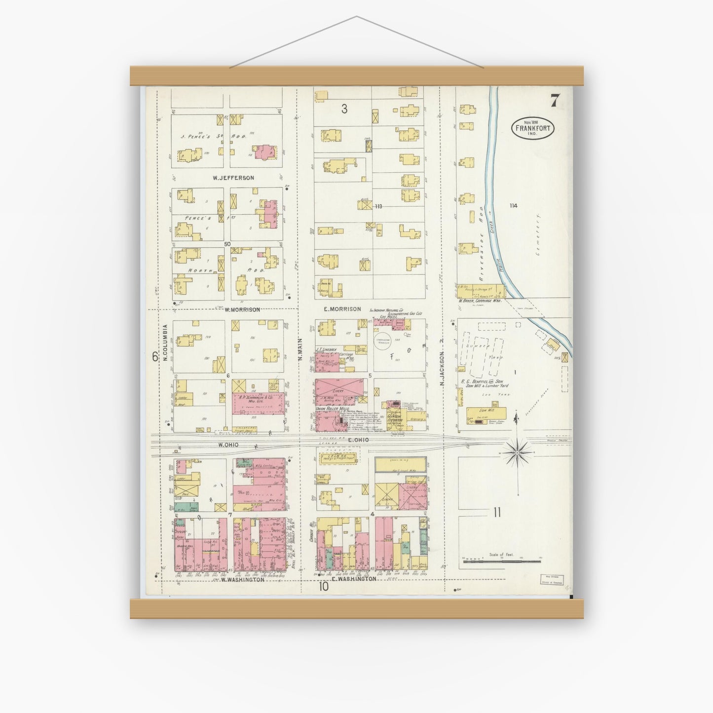 Old map wall art mockup — magnetic wood frame on white wall — Sanborn Fire Insurance Map from Frankfort, Clinton County, Indiana (1898), Sheet #0007