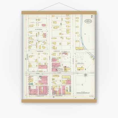Old map wall art mockup — magnetic wood frame on white wall — Sanborn Fire Insurance Map from Frankfort, Clinton County, Indiana (1898), Sheet #0007