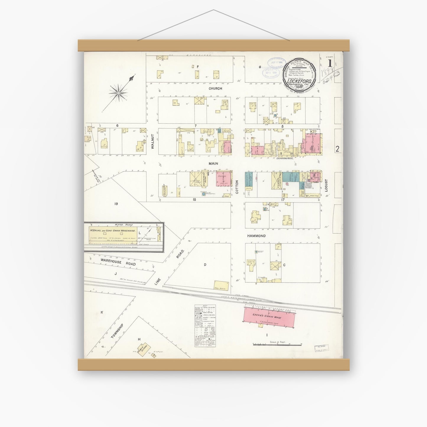 Old map wall art mockup — magnetic wood frame on white wall — Sanborn Fire Insurance Map from Lockeford, San Joaquin County, California (1898), Sheet #0001
