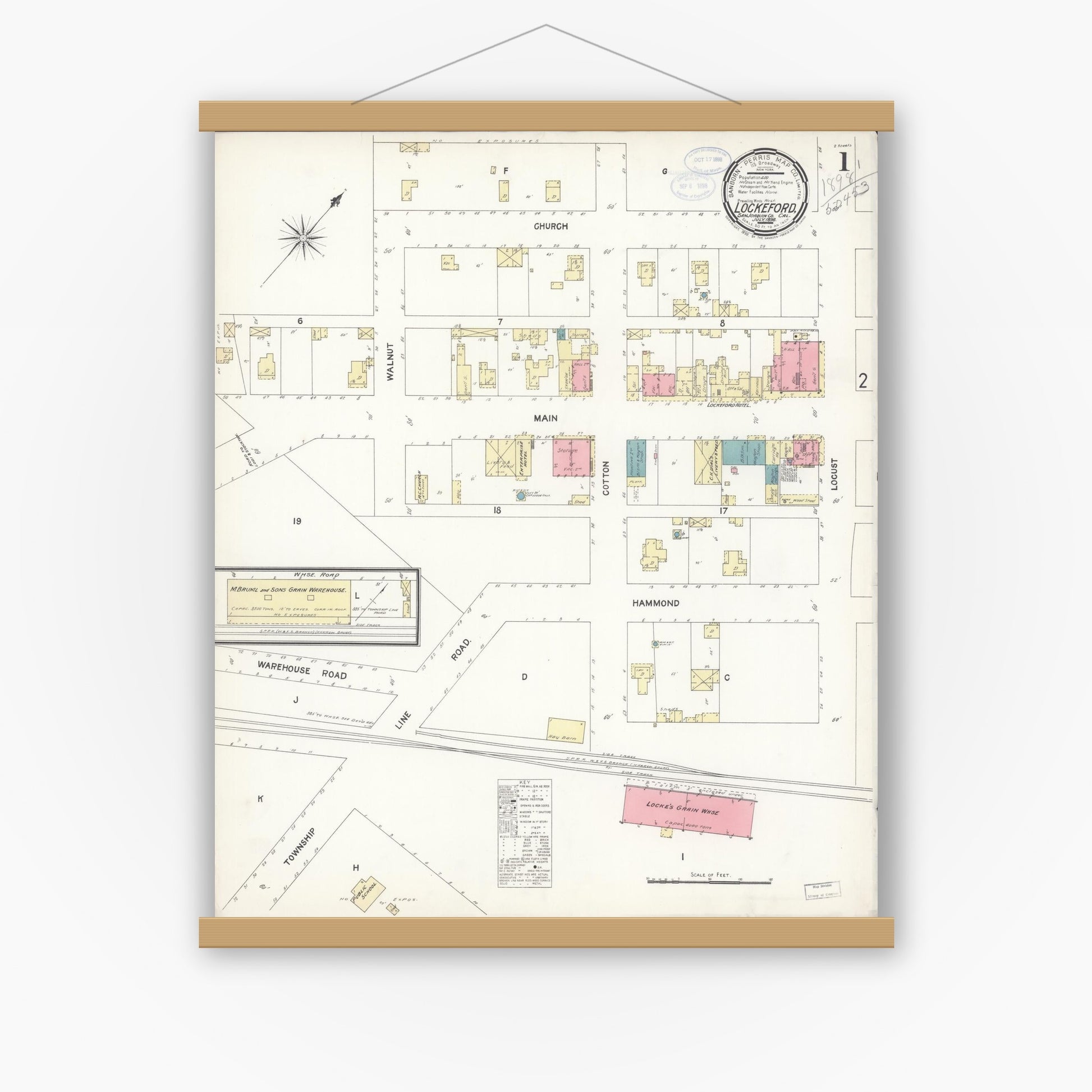 Old map wall art mockup — magnetic wood frame on white wall — Sanborn Fire Insurance Map from Lockeford, San Joaquin County, California (1898), Sheet #0001