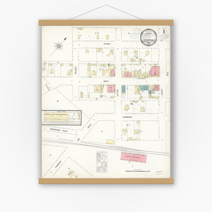 Old map wall art mockup — magnetic wood frame on white wall — Sanborn Fire Insurance Map from Lockeford, San Joaquin County, California (1898), Sheet #0001