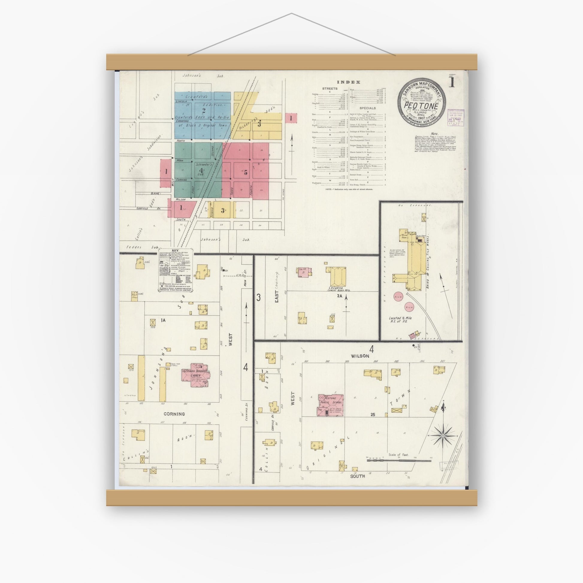Old map wall art mockup — magnetic wood frame on white wall — Sanborn Fire Insurance Map from Peotone, Will County, Illinois (1907) - Complete Map Set