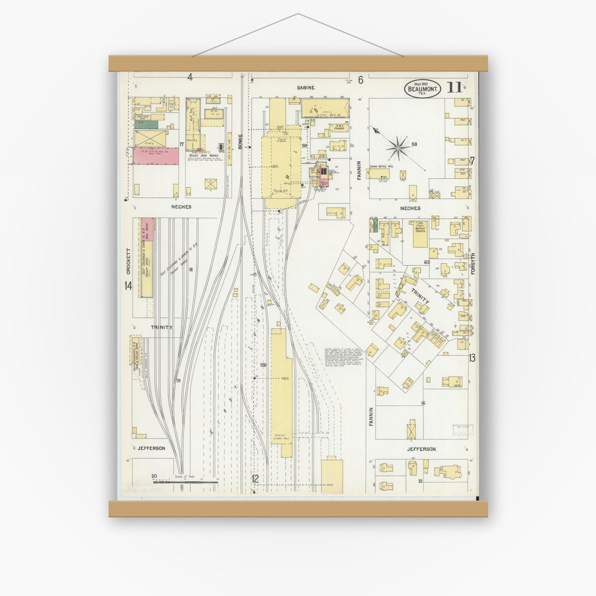 Old map wall art mockup — magnetic wood frame on white wall — Sanborn Fire Insurance Map from Beaumont, Jefferson County, Texas (1902), Sheet #0011