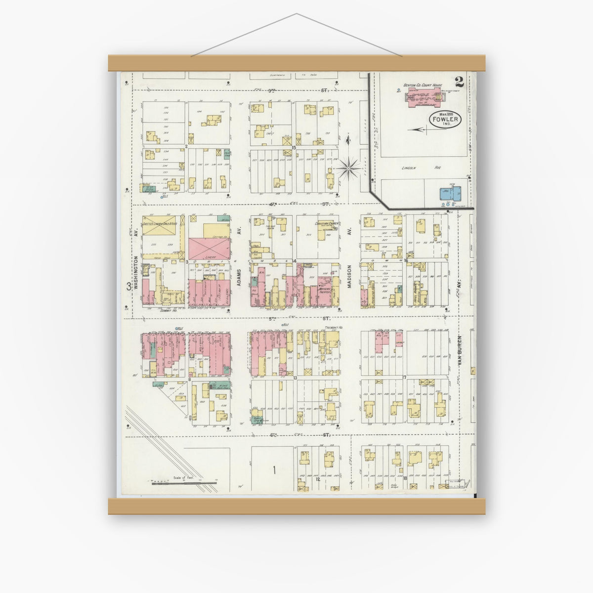 Old map wall art mockup — magnetic wood frame on white wall — Sanborn Fire Insurance Map from Fowler, Benton County, Indiana (1899), Sheet #0002