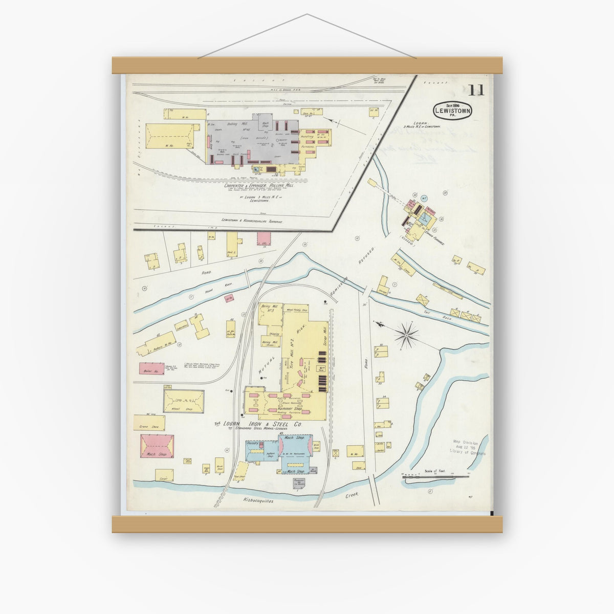 Old map wall art mockup — magnetic wood frame on white wall — Sanborn Fire Insurance Map from Lewistown, Mifflin County, Pennsylvania (1896), Sheet #0011