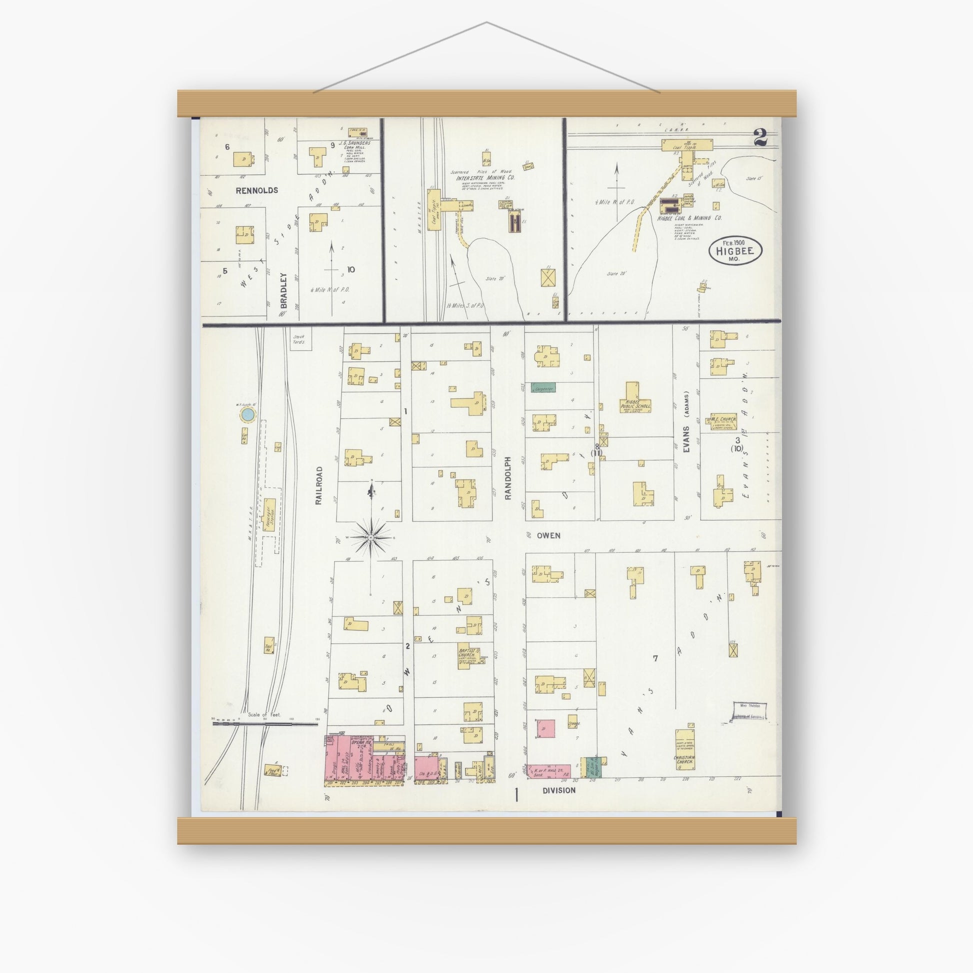 Old map wall art mockup — magnetic wood frame on white wall — Sanborn Fire Insurance Map from Higbee, Randolph County, Missouri (1900), Sheet #0002