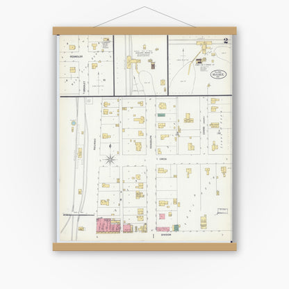 Old map wall art mockup — magnetic wood frame on white wall — Sanborn Fire Insurance Map from Higbee, Randolph County, Missouri (1900), Sheet #0002