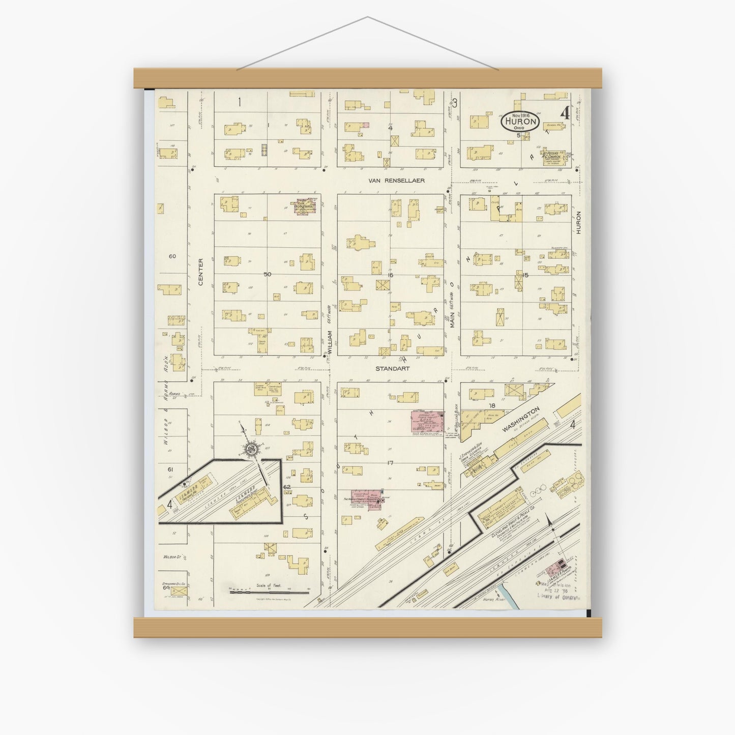 Old map wall art mockup — magnetic wood frame on white wall — Sanborn Fire Insurance Map from Huron, Erie County, Ohio (1916), Sheet #0004