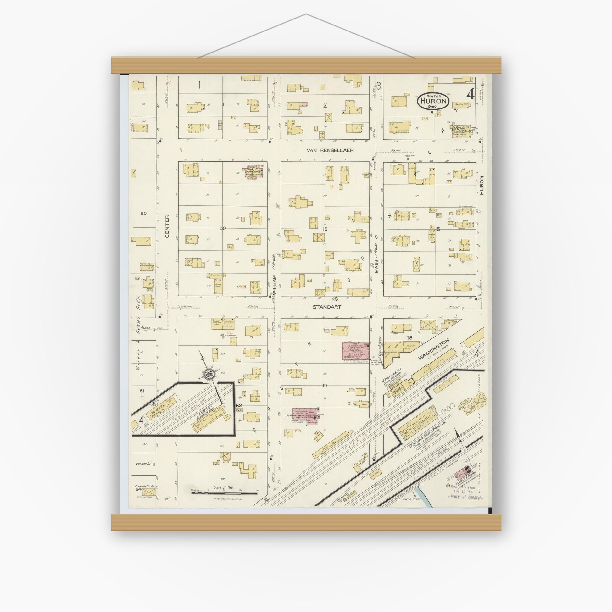 Old map wall art mockup — magnetic wood frame on white wall — Sanborn Fire Insurance Map from Huron, Erie County, Ohio (1916), Sheet #0004