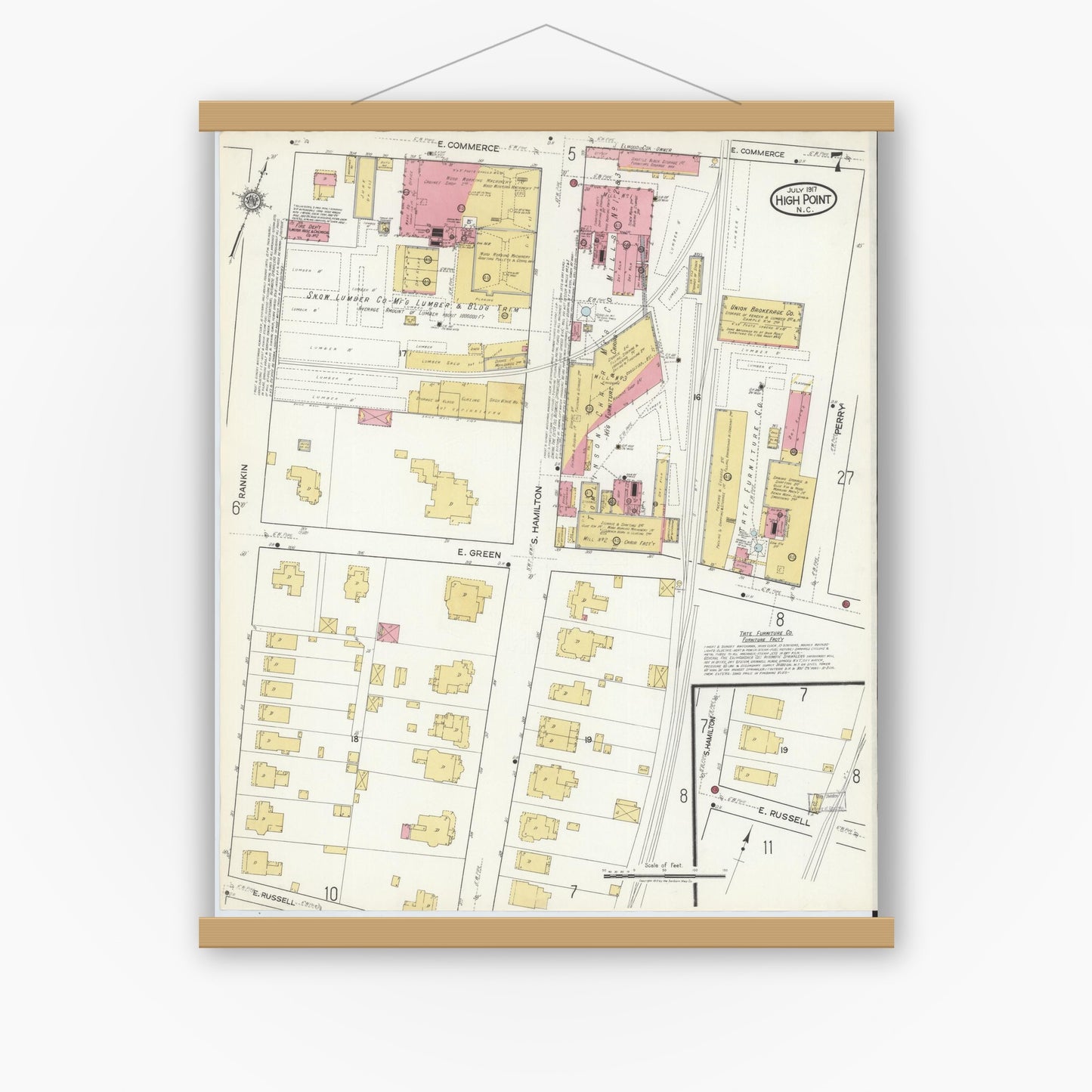 Old map wall art mockup — magnetic wood frame on white wall — Sanborn Fire Insurance Map from High Point, Guilford County, North Carolina (1917), Sheet #0007