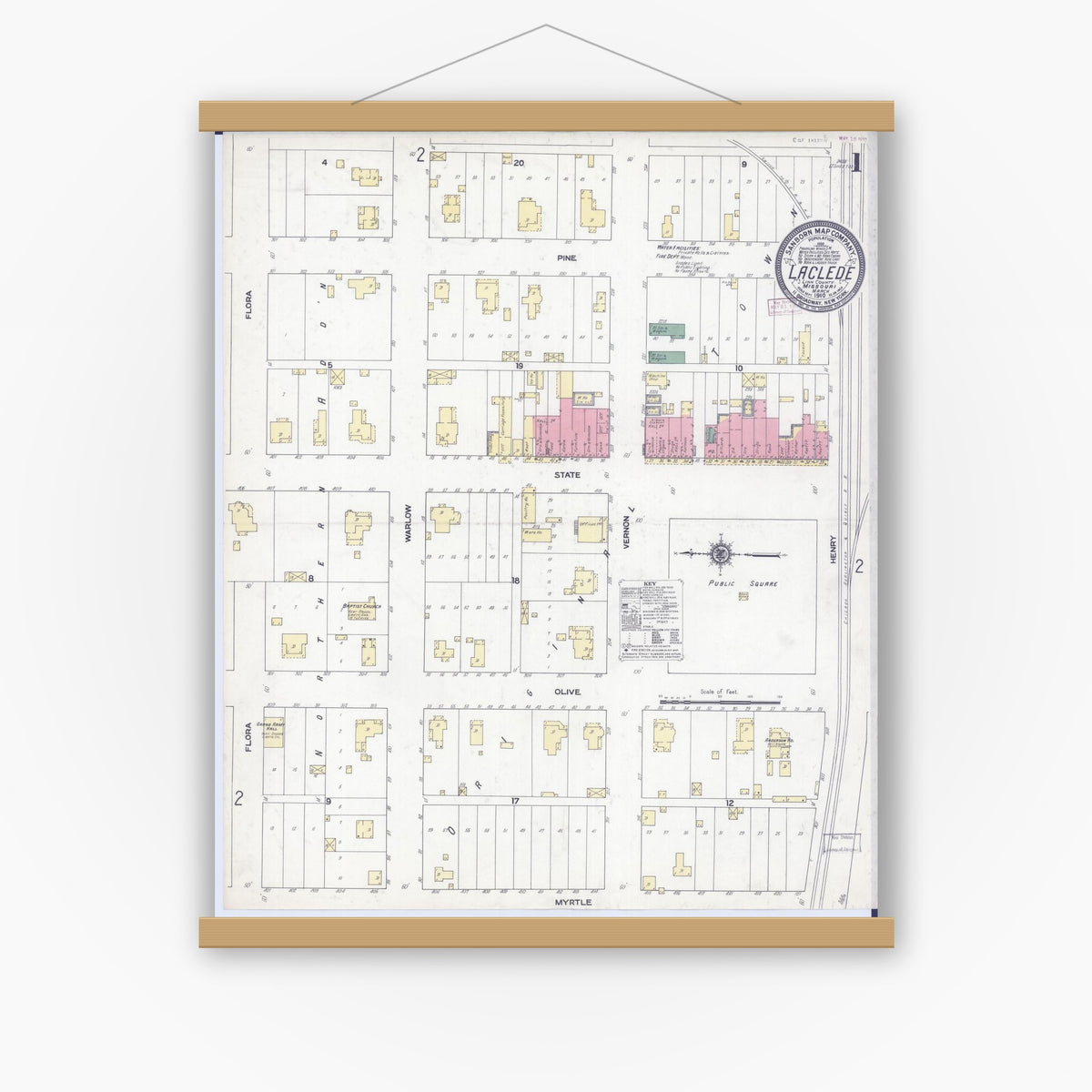 Old map wall art mockup — magnetic wood frame on white wall — Sanborn Fire Insurance Map from Laclede, Linn County, Missouri (1910) - Complete Map Set
