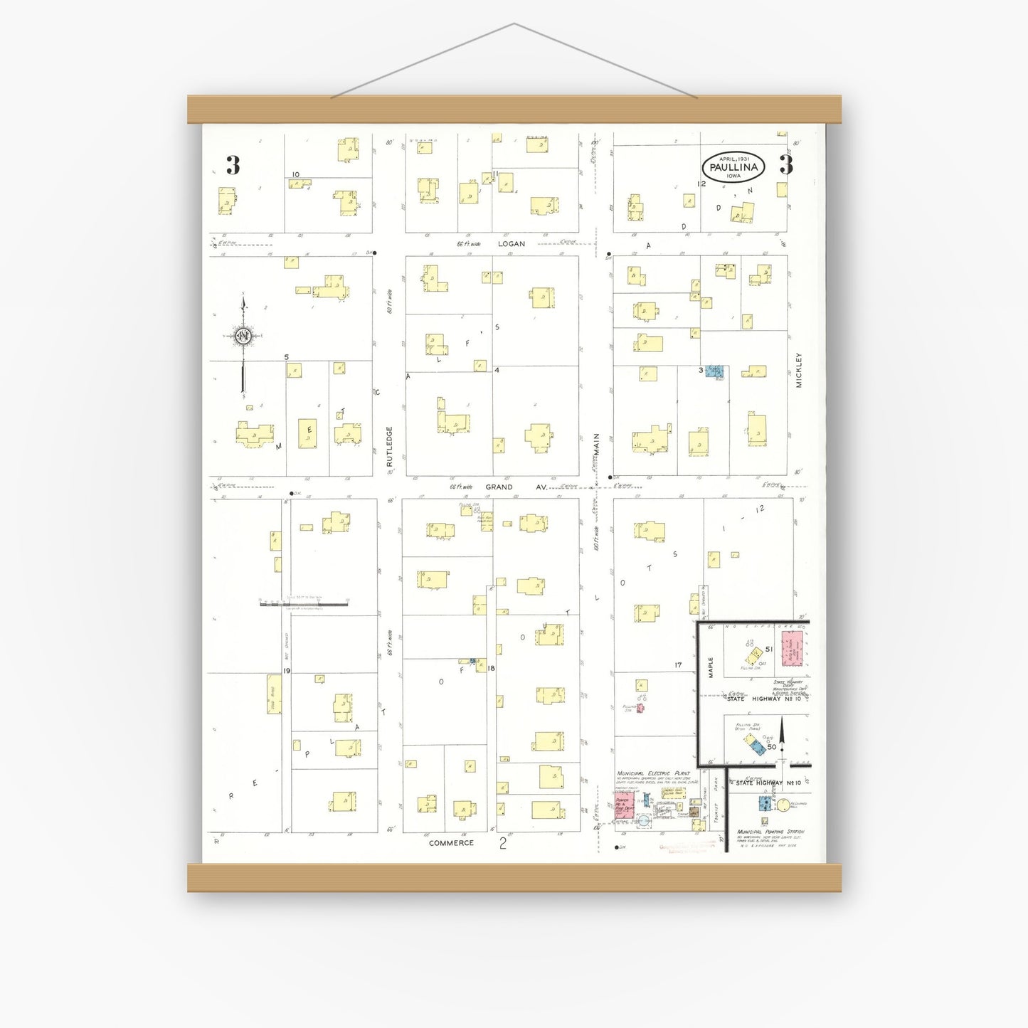 Old map wall art mockup — magnetic wood frame on white wall — Sanborn Fire Insurance Map from Paullina, O'Brien County, Iowa (1931), Sheet #0003