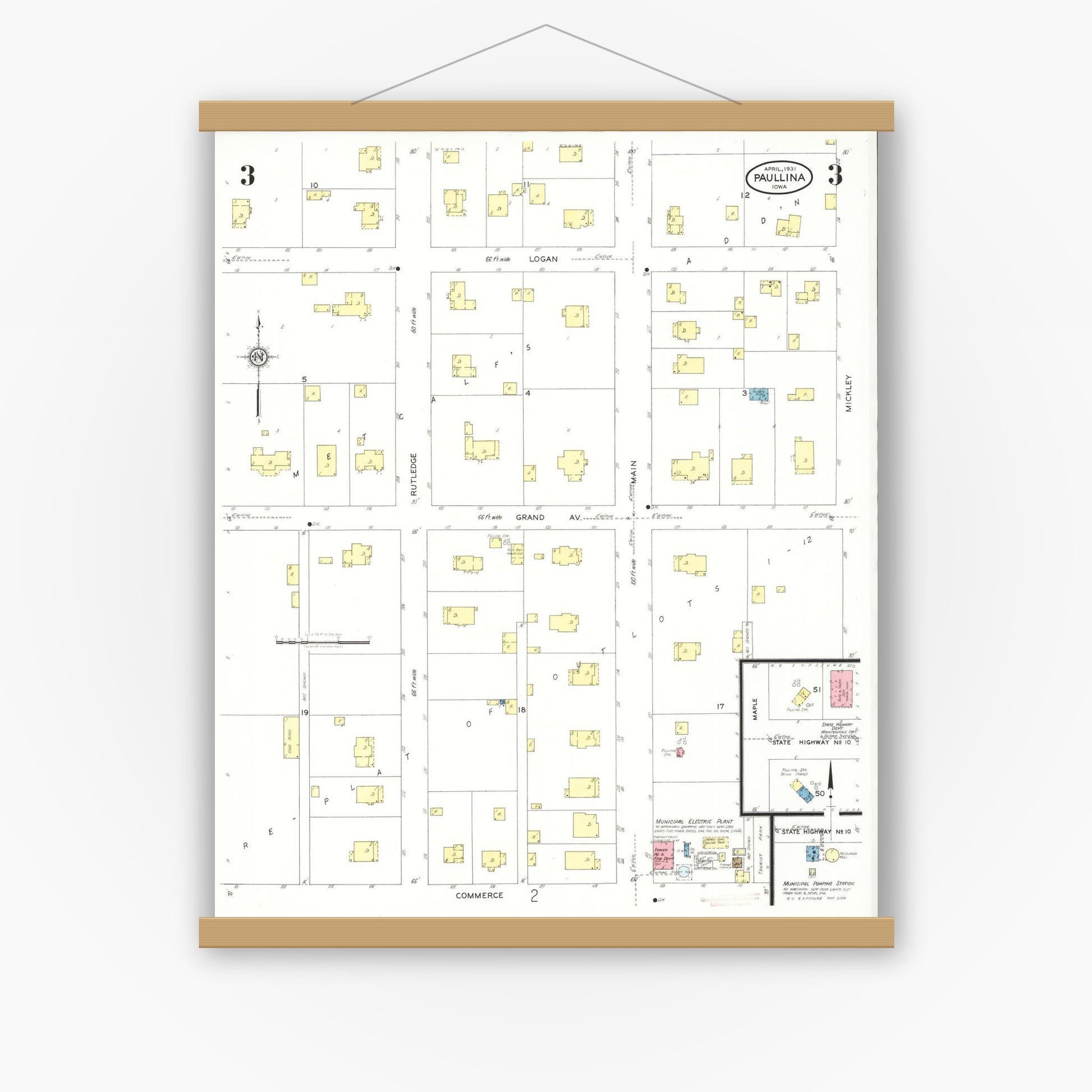 Old map wall art mockup — magnetic wood frame on white wall — Sanborn Fire Insurance Map from Paullina, O'Brien County, Iowa (1931), Sheet #0003