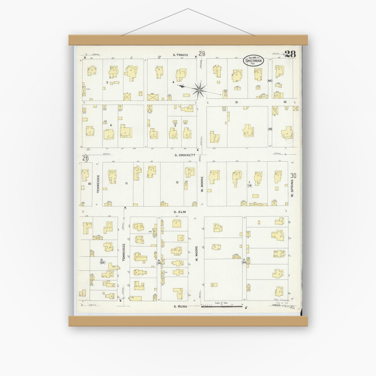 Old map wall art mockup — magnetic wood frame on white wall — Sanborn Fire Insurance Map from Sherman, Grayson County, Texas (1908), Sheet #0028