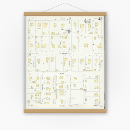 Old map wall art mockup — magnetic wood frame on white wall — Sanborn Fire Insurance Map from Sherman, Grayson County, Texas (1908), Sheet #0028