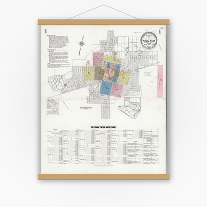 Old map wall art mockup — magnetic wood frame on white wall — Sanborn Fire Insurance Map from Midland, Midland County, Texas (1929), Sheet #0001