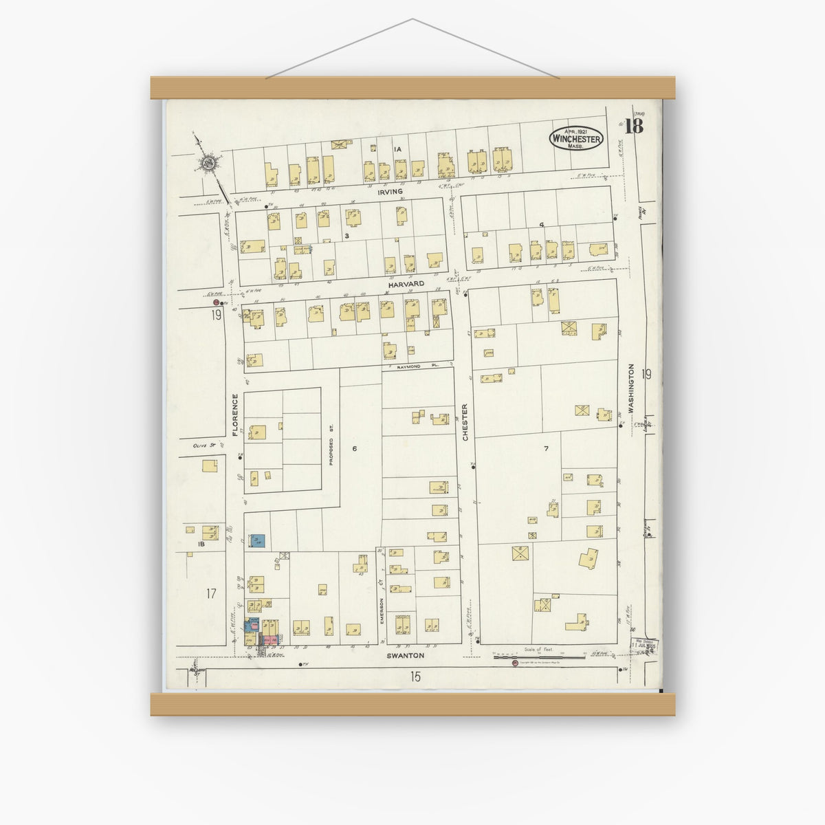 Old map wall art mockup — magnetic wood frame on white wall — Sanborn Fire Insurance Map from Winchester, Middlesex County, Massachusetts (1921), Sheet #0018