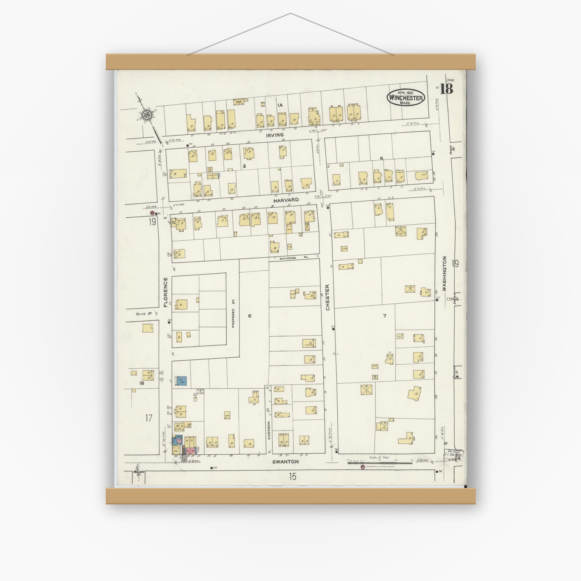 Old map wall art mockup — magnetic wood frame on white wall — Sanborn Fire Insurance Map from Winchester, Middlesex County, Massachusetts (1921), Sheet #0018