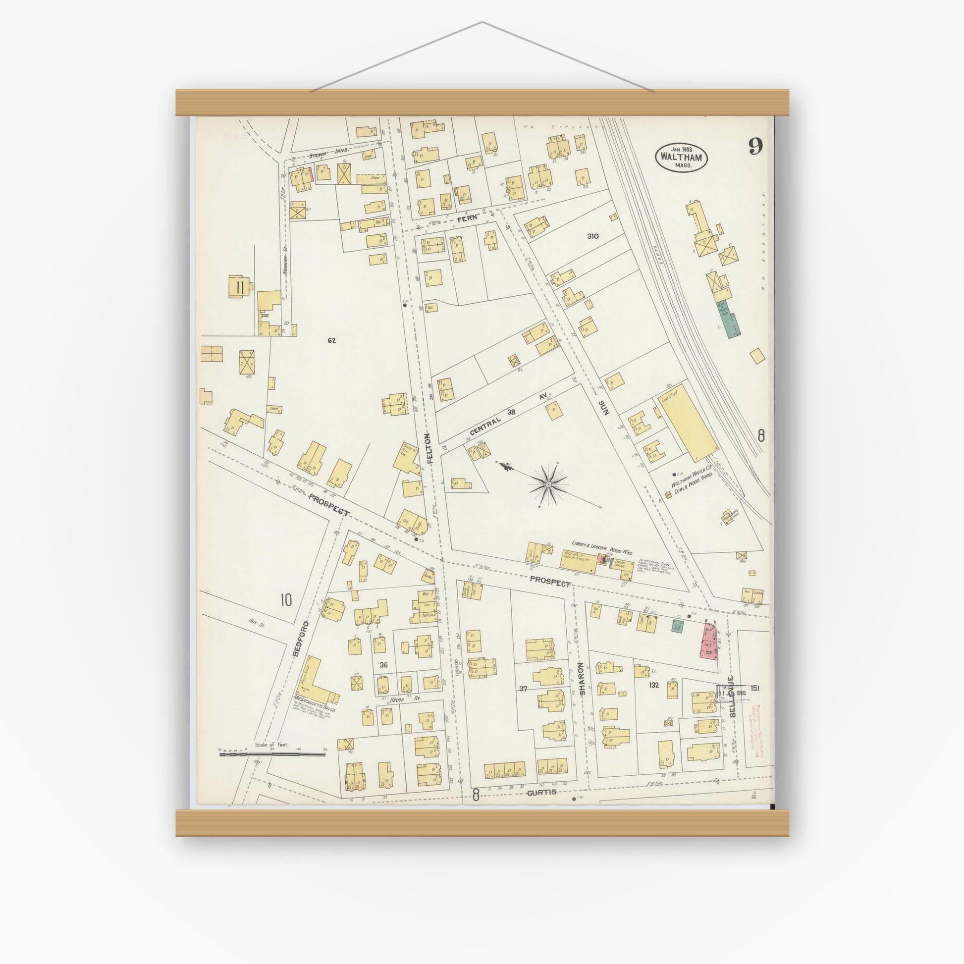 Old map wall art mockup — magnetic wood frame on white wall — Sanborn Fire Insurance Map from Waltham, Middlesex County, Massachusetts (1903), Sheet #0009