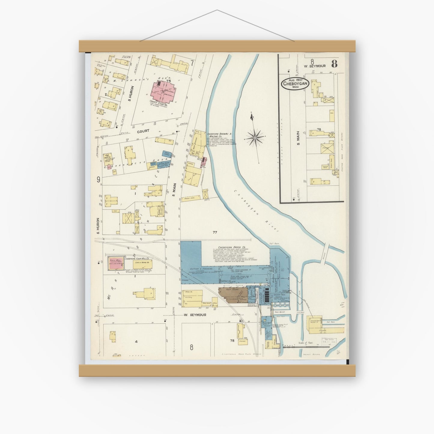 Old map wall art mockup — magnetic wood frame on white wall — Sanborn Fire Insurance Map from Cheboygan, Cheboygan County, Michigan (1907), Sheet #0008