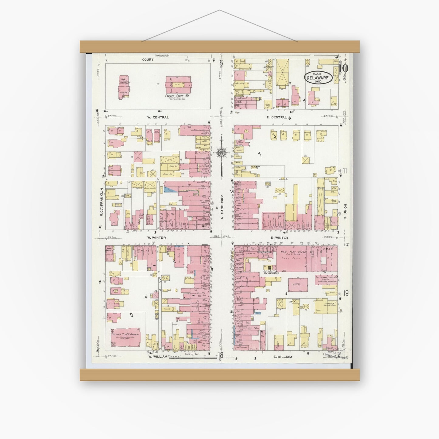 Old map wall art mockup — magnetic wood frame on white wall — Sanborn Fire Insurance Map from Delaware, Delaware County, Ohio (1911), Sheet #0010