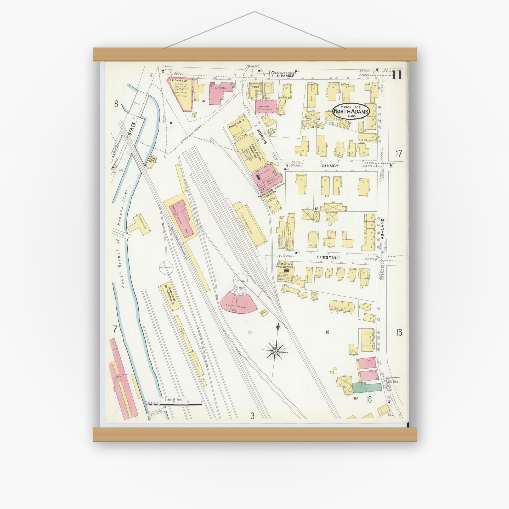 Old map wall art mockup — magnetic wood frame on white wall — Sanborn Fire Insurance Map from North Adams, Berkshire County, Massachusetts (1908), Sheet #0011