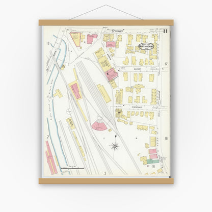 Old map wall art mockup — magnetic wood frame on white wall — Sanborn Fire Insurance Map from North Adams, Berkshire County, Massachusetts (1908), Sheet #0011