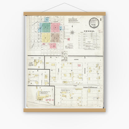 Old map wall art mockup — magnetic wood frame on white wall — Sanborn Fire Insurance Map from Tipton, Cedar County, Iowa (1897) â€” Complete Set