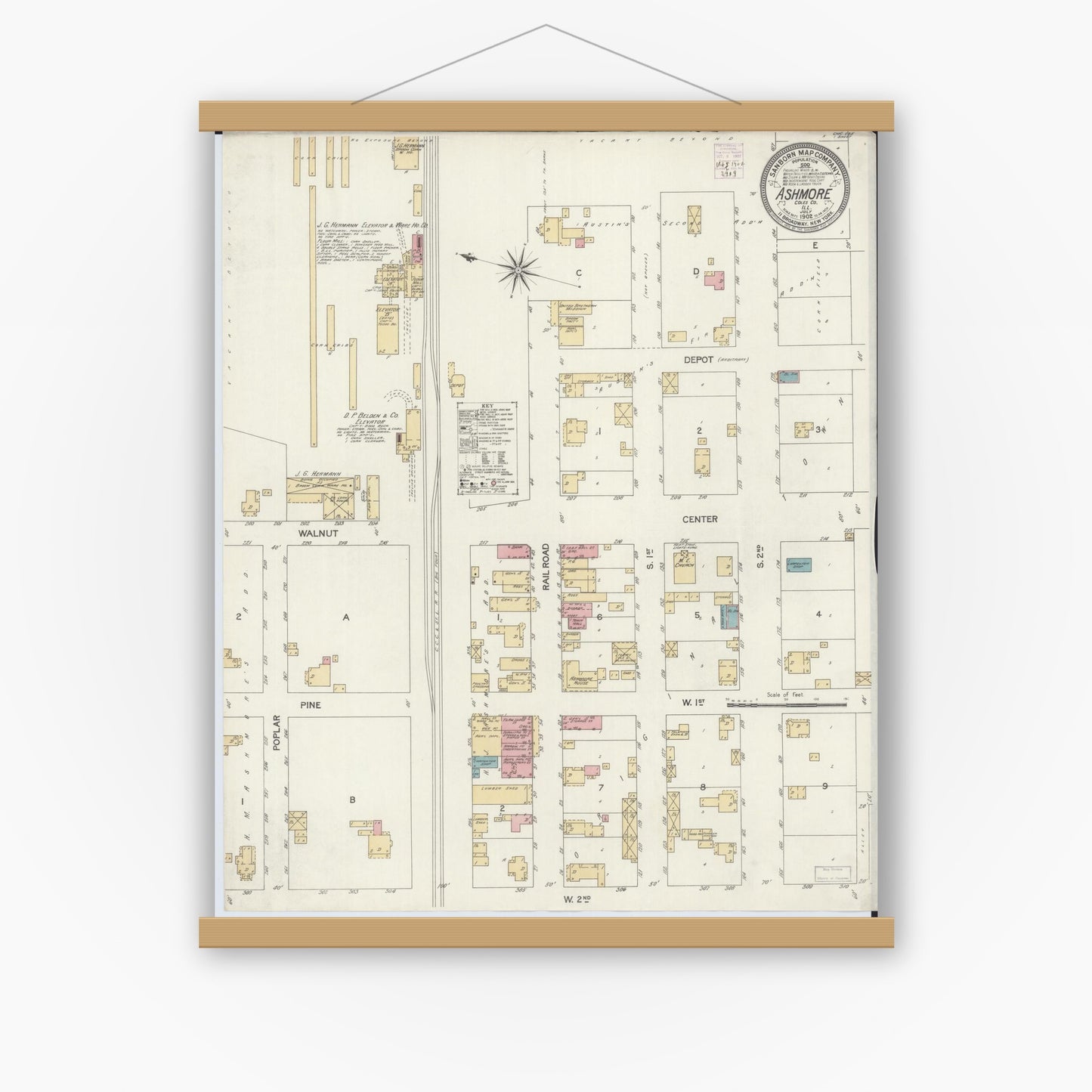 Old map wall art mockup — magnetic wood frame on white wall — Sanborn Fire Insurance Map from Ashmore, Coles County, Illinois (1902), Sheet #0001