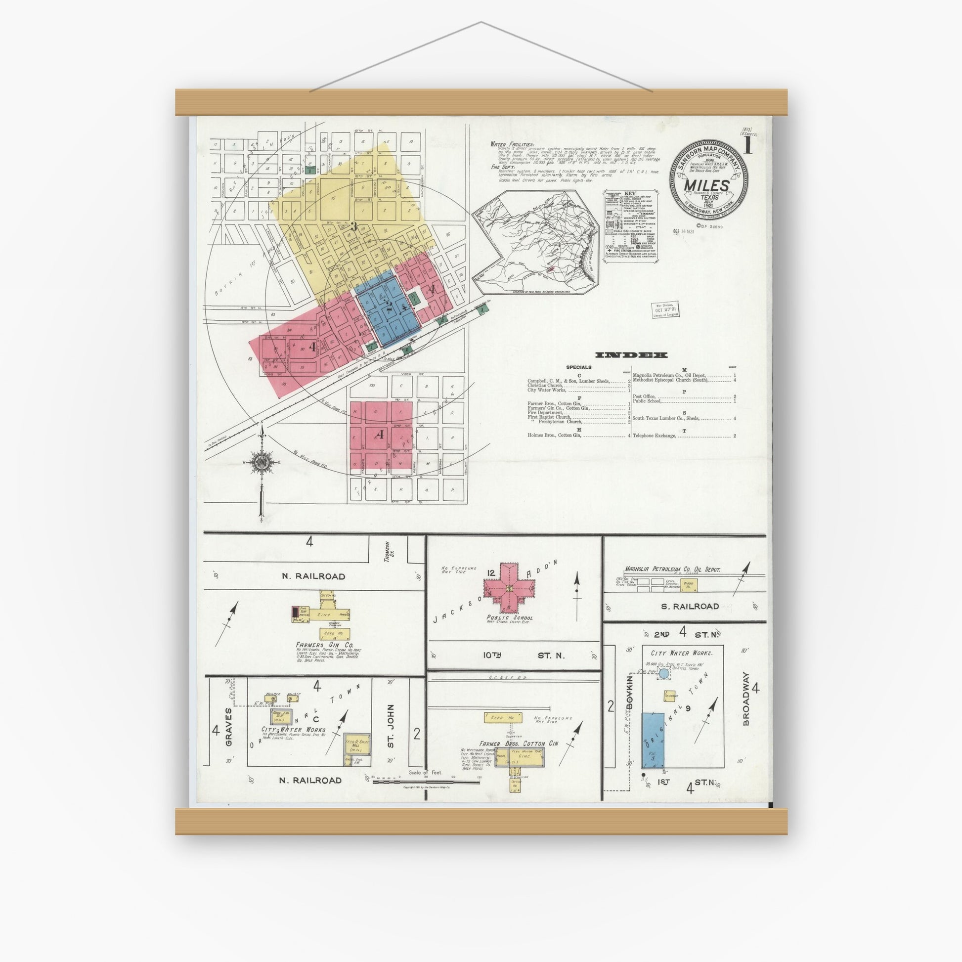 Old map wall art mockup — magnetic wood frame on white wall — Sanborn Fire Insurance Map from Miles, Runnels County, Texas (1921) - Complete Map Set