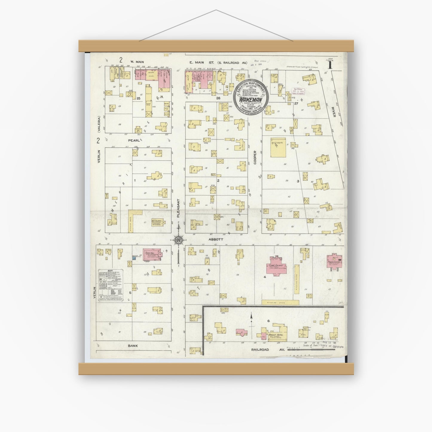 Old map wall art mockup — magnetic wood frame on white wall — Sanborn Fire Insurance Map from Wakeman, Huron County, Ohio (1911) - Complete Map Set