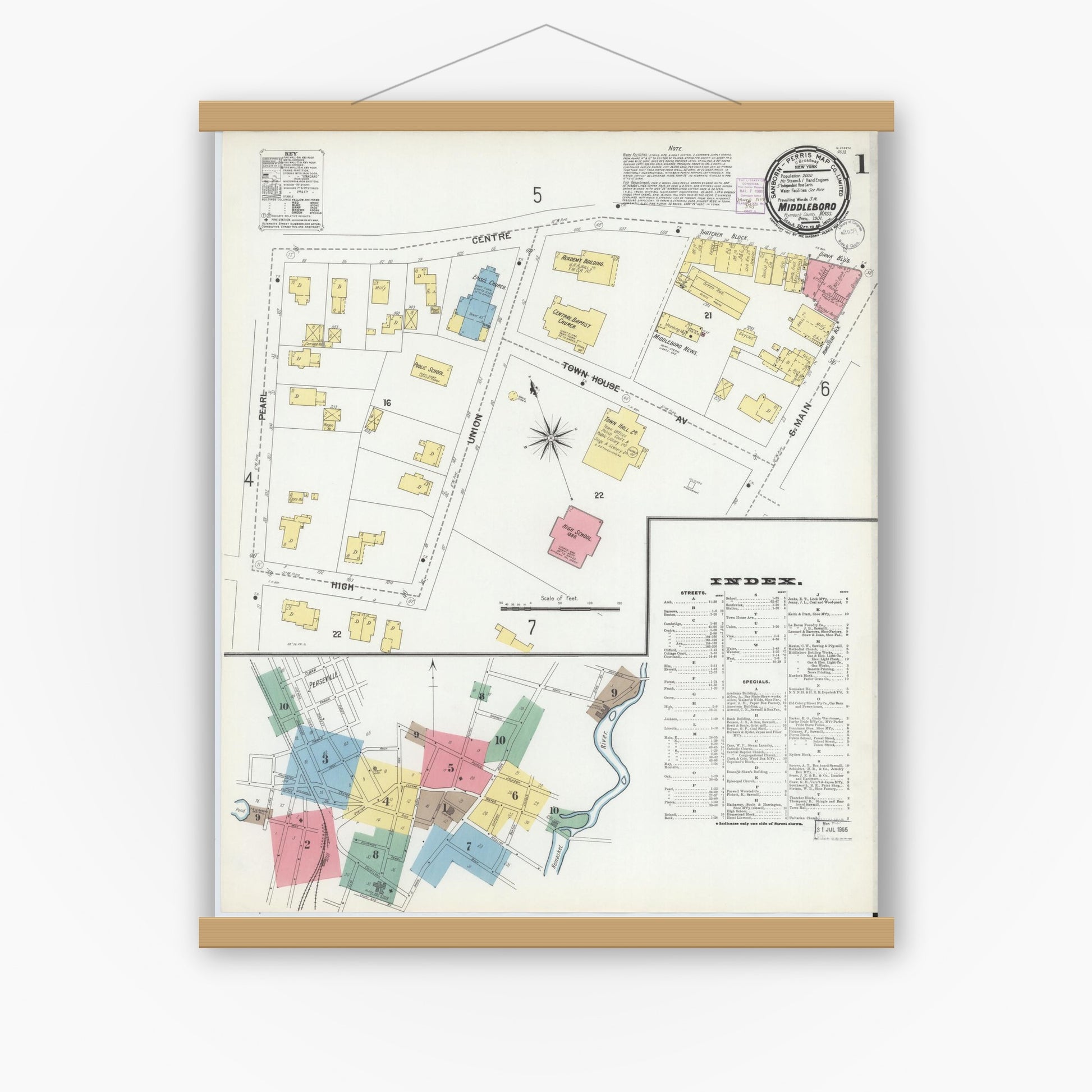 Old map wall art mockup — magnetic wood frame on white wall — Sanborn Fire Insurance Map from Middleboro, Plymouth County, Massachusetts (1901) - Complete Map Set