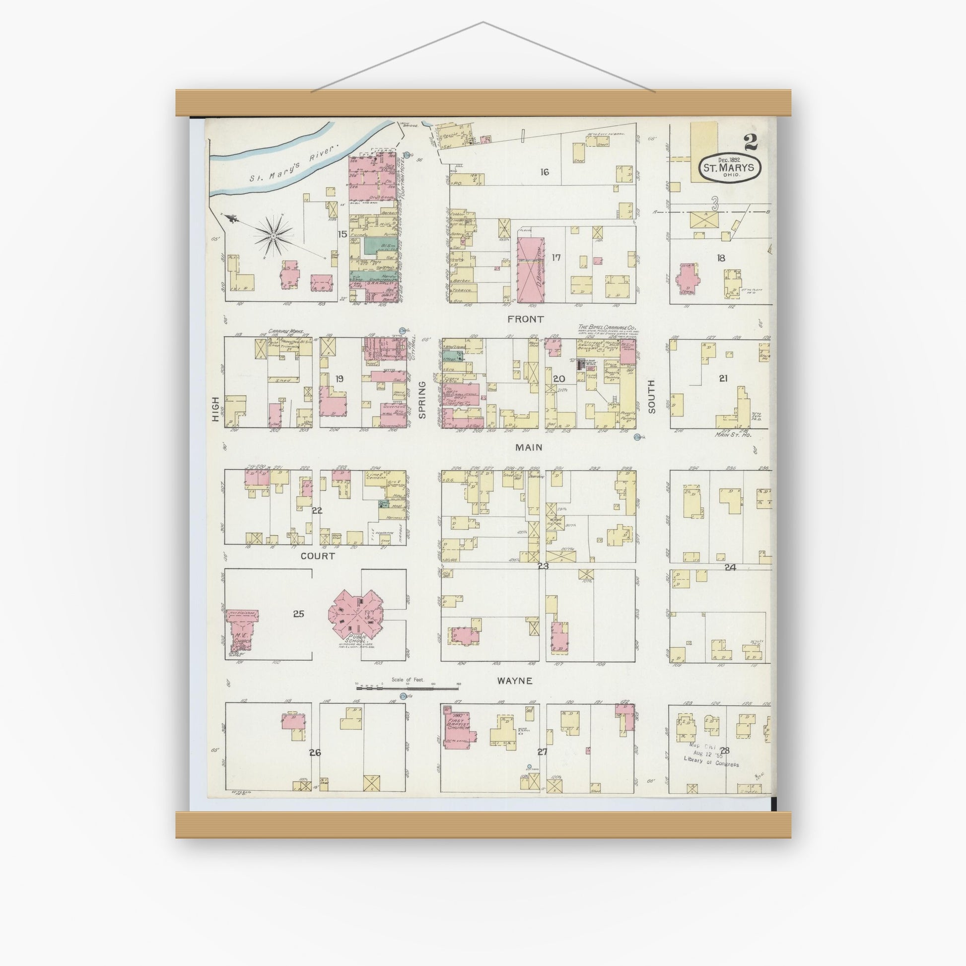 Old map wall art mockup — magnetic wood frame on white wall — Sanborn Fire Insurance Map from Saint Marys, Auglaize County, Ohio (1892), Sheet #0002