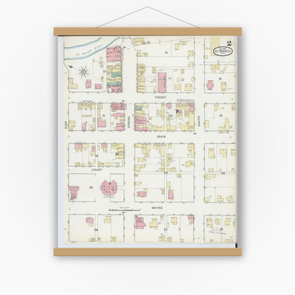 Old map wall art mockup — magnetic wood frame on white wall — Sanborn Fire Insurance Map from Saint Marys, Auglaize County, Ohio (1892), Sheet #0002