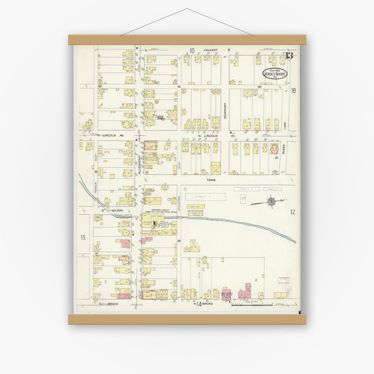 Old map wall art mockup — magnetic wood frame on white wall — Sanborn Fire Insurance Map from Jersey Shore, Lycoming County, Pennsylvania (1913), Sheet #0013