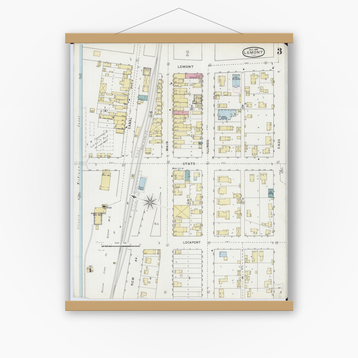 Old map wall art mockup — magnetic wood frame on white wall — Sanborn Fire Insurance Map from Lemont, Cook County, Illinois (1894), Sheet #0003