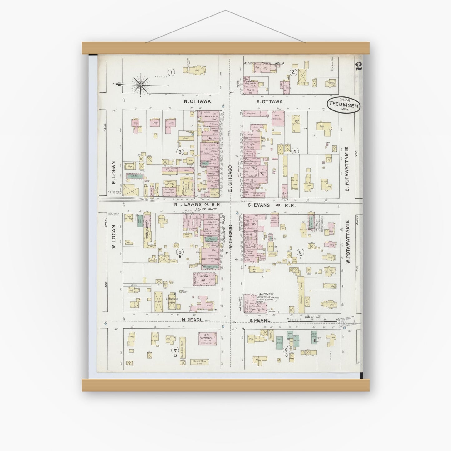 Old map wall art mockup — magnetic wood frame on white wall — Sanborn Fire Insurance Map from Tecumseh, Lenawee County, Michigan (1888), Sheet #0002