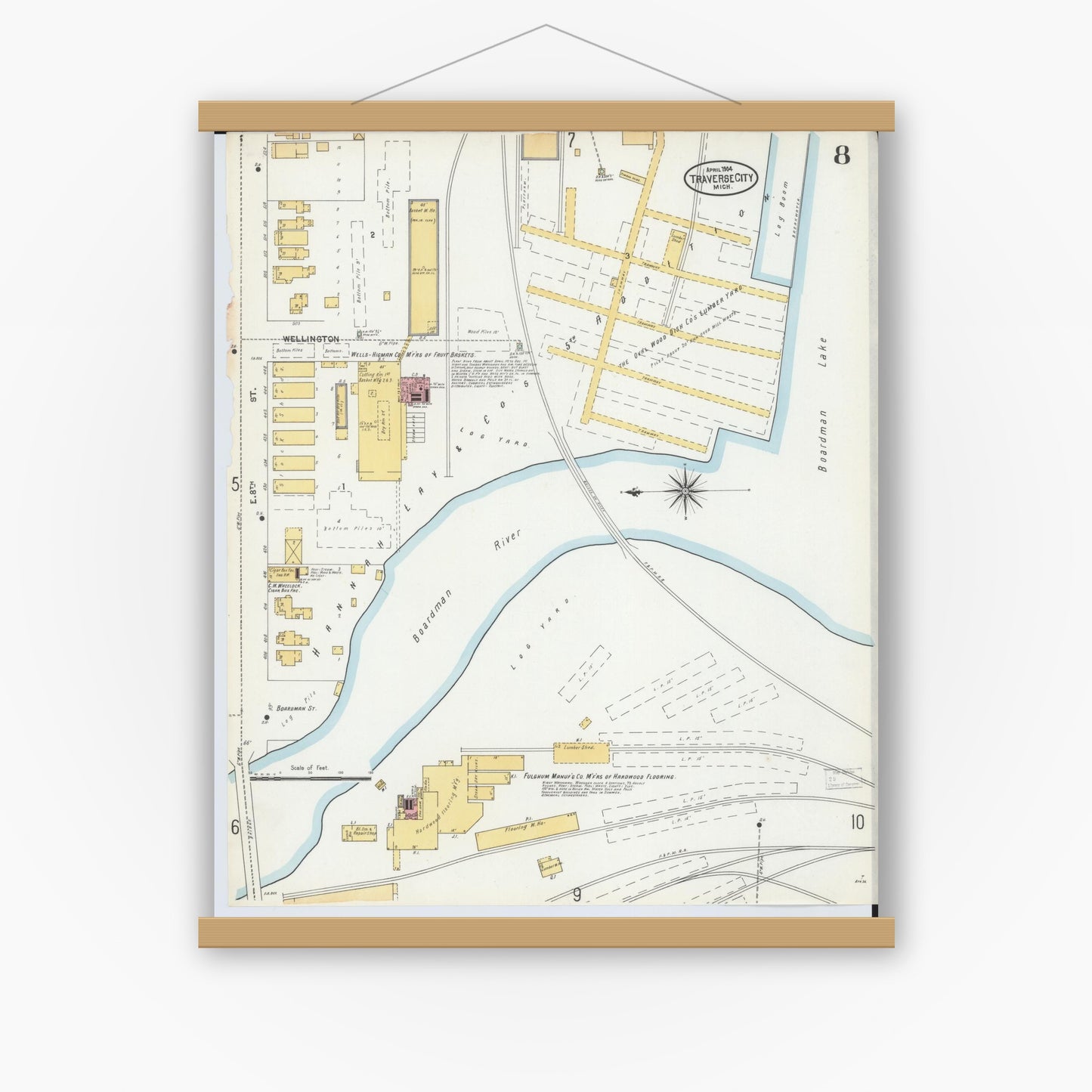 Old map wall art mockup — magnetic wood frame on white wall — Sanborn Fire Insurance Map from Traverse City, Grand Traverse County, Michigan (1904), Sheet #0008
