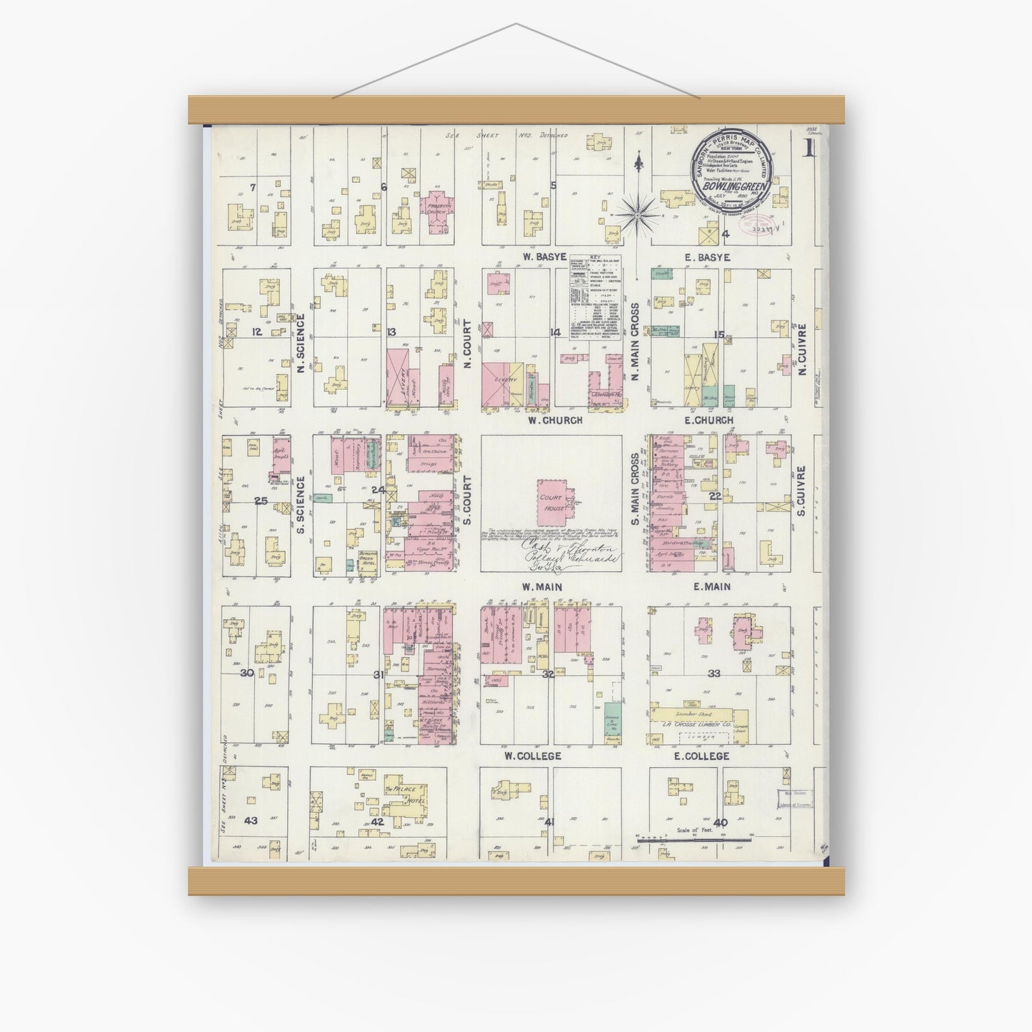 Old map wall art mockup — magnetic wood frame on white wall — Sanborn Fire Insurance Map from Bowling Green, Pike County, Missouri (1890) - Complete Map Set