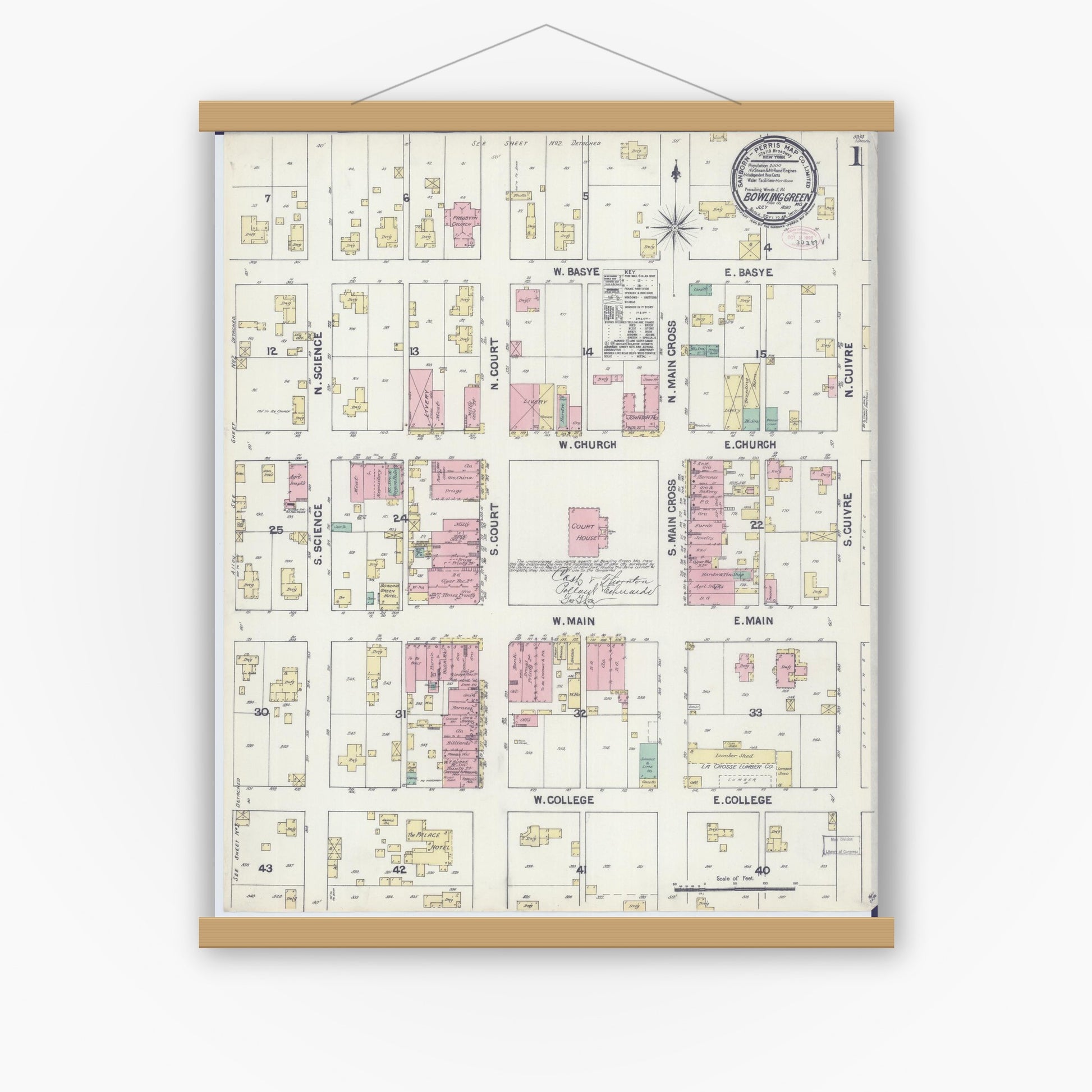 Old map wall art mockup — magnetic wood frame on white wall — Sanborn Fire Insurance Map from Bowling Green, Pike County, Missouri (1890) - Complete Map Set