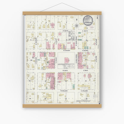 Old map wall art mockup — magnetic wood frame on white wall — Sanborn Fire Insurance Map from Bowling Green, Pike County, Missouri (1890) - Complete Map Set