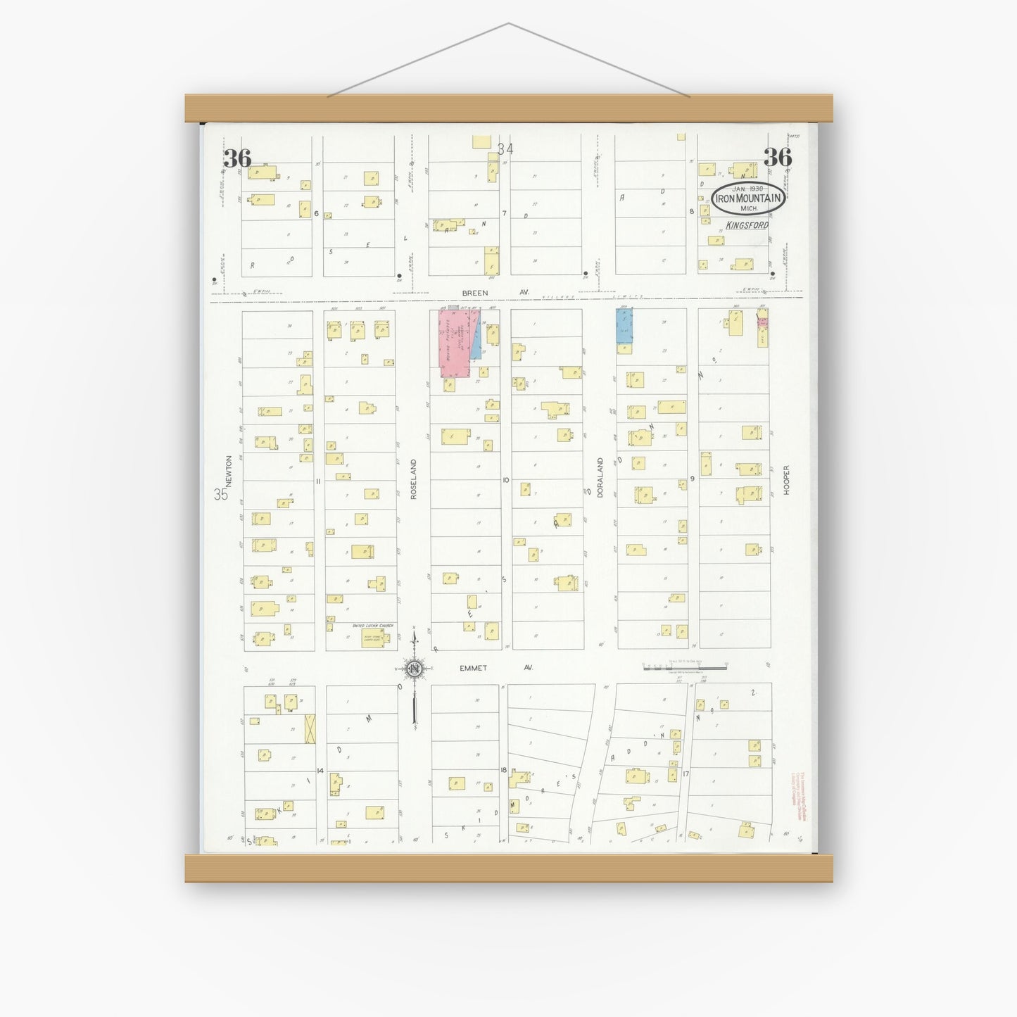 Old map wall art mockup — magnetic wood frame on white wall — Sanborn Fire Insurance Map from Iron Mountain, Dickinson County, Michigan (1930), Sheet #0036