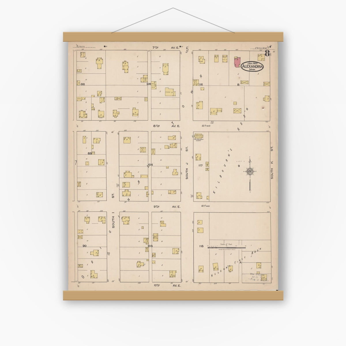 Old map wall art mockup — magnetic wood frame on white wall — Sanborn Fire Insurance Map from Alexandria, Douglas County, Minnesota (1922), Sheet #0008
