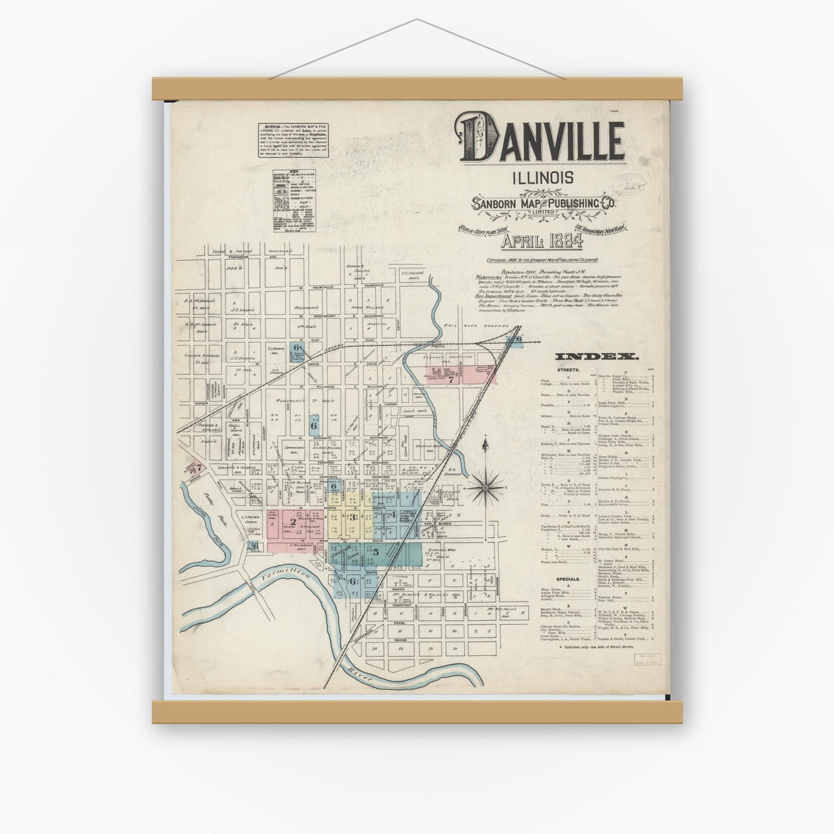 Old map wall art mockup — magnetic wood frame on white wall — Sanborn Fire Insurance Map from Danville, Vermilion County, Illinois (1884) - Complete Map Set
