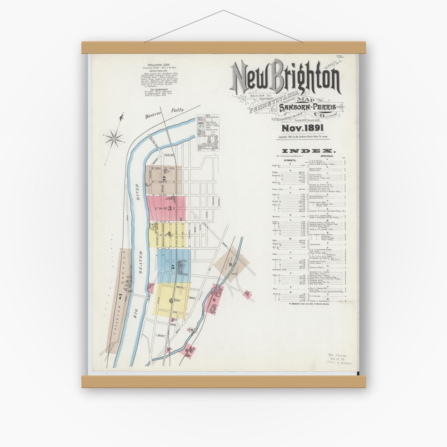 Old map wall art mockup — magnetic wood frame on white wall — Sanborn Fire Insurance Map from New Brighton, Beaver County, Pennsylvania (1891) - Complete Map Set