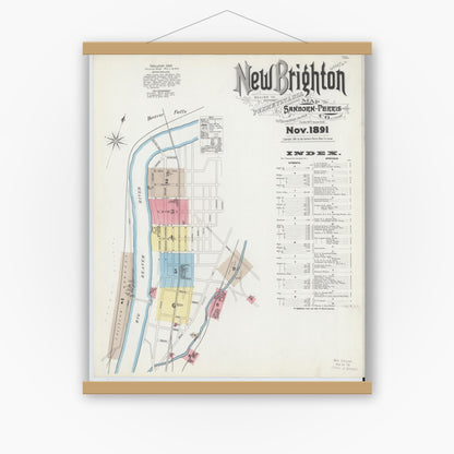 Old map wall art mockup — magnetic wood frame on white wall — Sanborn Fire Insurance Map from New Brighton, Beaver County, Pennsylvania (1891) - Complete Map Set